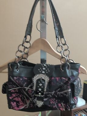 Black Shoulder Bag with Pink Accent and Rhinestone Buckle Concealed Weapon Purse